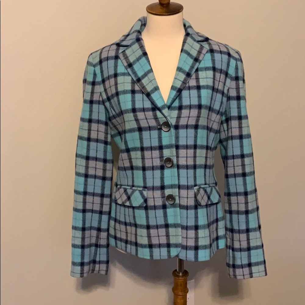 David Brooks blue plaid wool blend coat sz 6